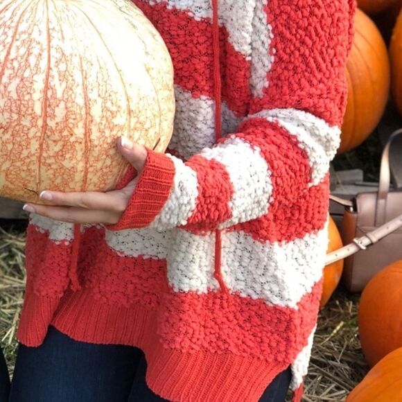 Miracle | Stripe Popcorn Orange White Fall Autumn Sweater S/M - Picture 2 of 8